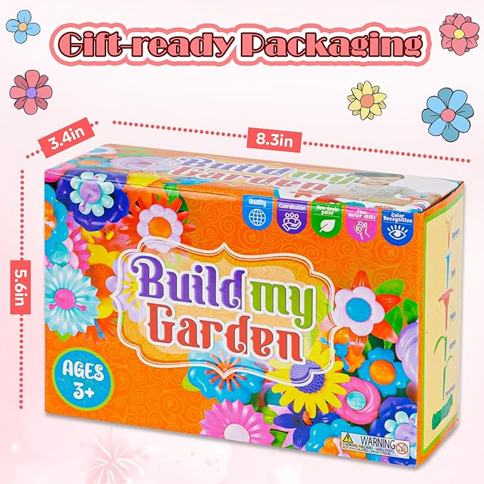 FUNZBO Flower Garden Building Toys Set - Birthday Gifts for Age 2 3 4 5 6 Years Old Girl, STEM Montessori Educational Toy for Toddler Kid, Sorting & Stacking Spring Gardening Set for Birathday Gift