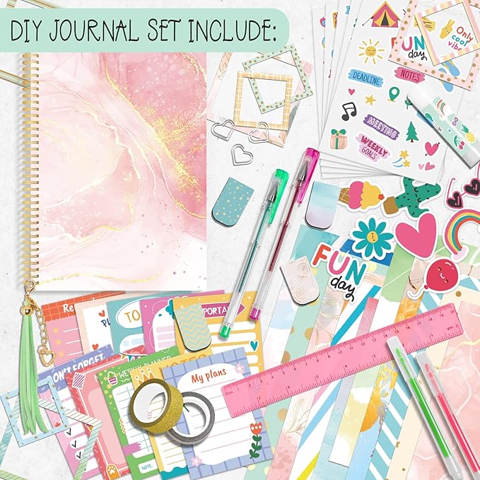 Gifts for Girls Age of 8 9 10 11 12 13 Years Old and Up, DIY Journal Set, Personalized Diary Stuff for Tweens Teens, Decorate Your Planner/Organizer, Journaling Arts Craft Kit. Ideal Toy Age 6-8