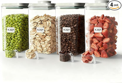 4 Pcs Large Pop Airtight Food Storage Containers Set with Lids, 4.2Qt/4L Food Containers with Scoop, Kitchen Pantry Organization and Storage, BPA Free Stackable Cereal Container (4 * 4.2Qt)