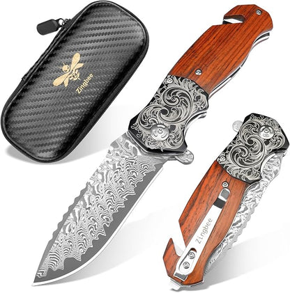 Pocket Knife with Glass Breaker, EDC Damascus Folding Knife with Seatbelt Cutter, 3.35" VG10 Damascus Steel Blade Multitool Pocket Knives with Wood Handle