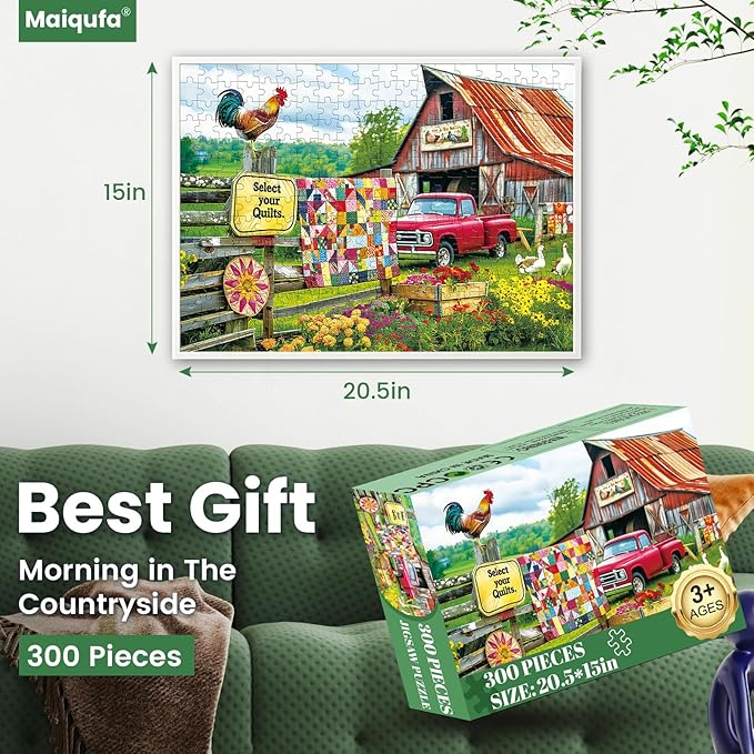 300 Pieces Puzzle for Adults,Fun Country Life Farm Puzzle,Recycled Cardboard Animals Jigsaw Puzzles 300 Piece,Challenging Game Home Decor Birthday Party Gift Toy for Adults Kids Seniors 20.5*15 inch