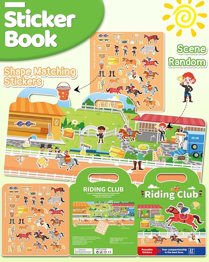 Benresive Reusable Sticker Book for Toddlers 2-4 Years, Fun Travel Stickers for Kids, Waterproof Sticker Books for Toddlers 1-3, Crafts Activities for Todddlers 1-3 2-4 3-5 - Riding