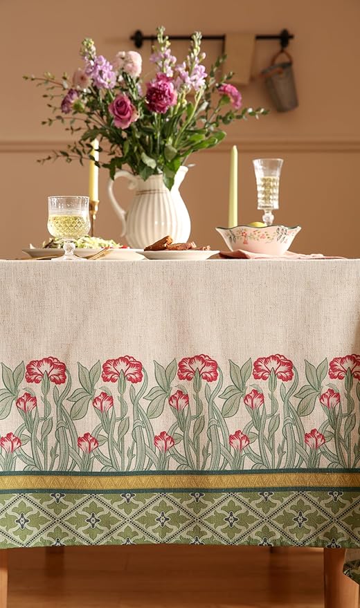 patdrea Designer Vintage Tablecloth for Rectangle Table,Green Linen Leaves Pattern Extra Long Table Cloth,Cover Decor for Kitchen Dining Christmas Thanksgiving,Tea Party,63"x110"-Cecilia D