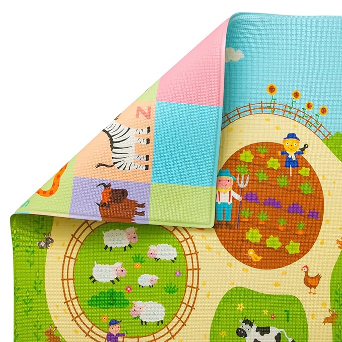 Baby Care Play Mat (Medium, Playful - Busy Farm) 73’’ x 49’’ Original One-Piece Reversible Rollable Waterproof Play Mat for Infants, Babies, Toddler, and Kids