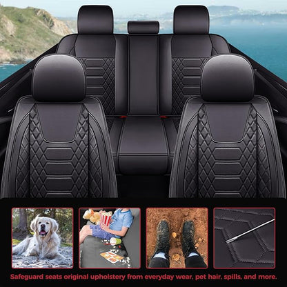 FREESOO Car Seat Covers Leather, Seat Cover Full Set Waterproof Automotive Cushion Protector Accessories Airbag Compatible Universal Fit for 5 Seats Vehicle (Black 8)