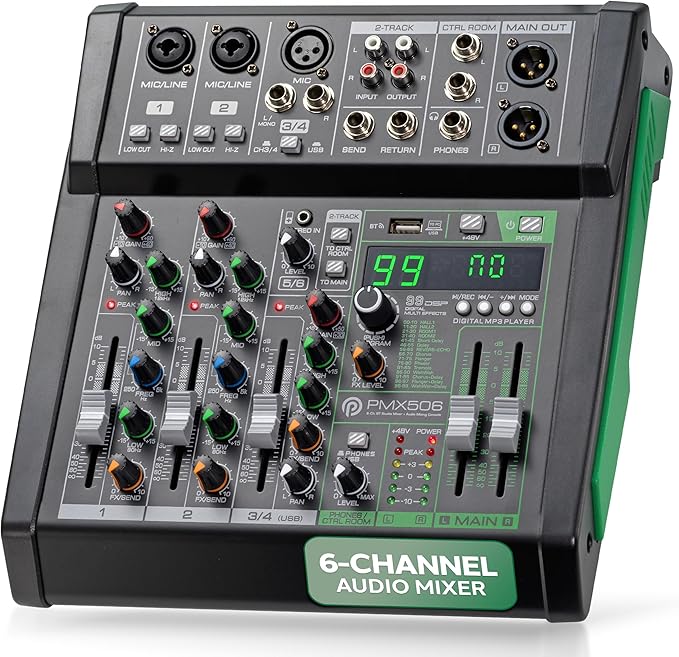 Pyle 6-Channel Audio Mixer, USB Interface, MP3 Compatible, XLR Inputs and LED