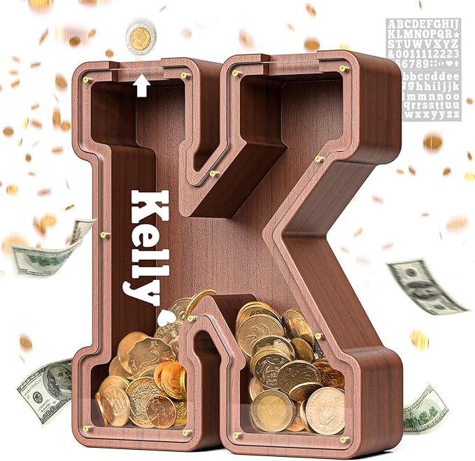 Summidate Wooden Letter Piggy Bank, Extra Thick Large Capacity Piggy Bank for Kids Boys Girls Toddler, Alphabet K Money Bank| Coin Box Birthday, Christmas, Festival