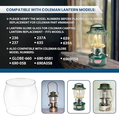 American Mantle Lantern Globe Replacement Height: 5¼" (133.35mm) Diameter 4 7⁄8" (123.83mm) | Clear Borosilicate Glass Fits Coleman Lanterns 214 282 285-700 288 321 355 5150-5159