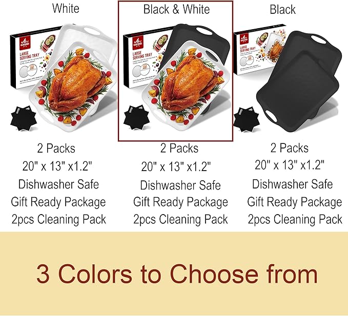 20" x 13" Large Serving Platters for Turkey, Cookie, Cupcakes, Gift Ready Melamine Serving Tray with Handles for Party Entertaining, Raised Dots & Matt Finish, Set of 2, White & Black