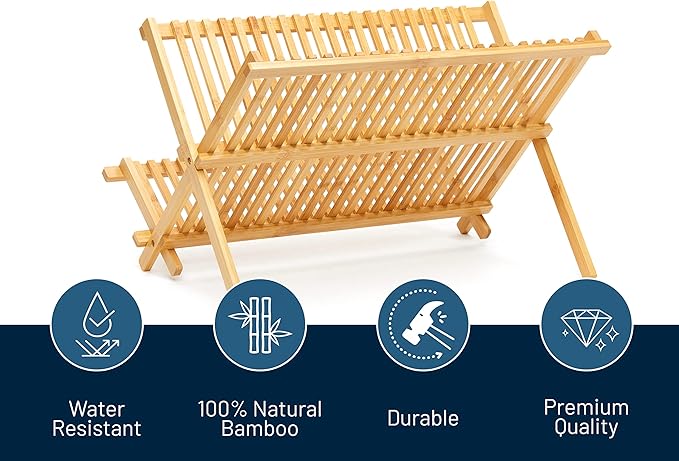 RoyalHouse Premium Natural Bamboo Dish Rack, Collapsible Dish Drainer, Foldable