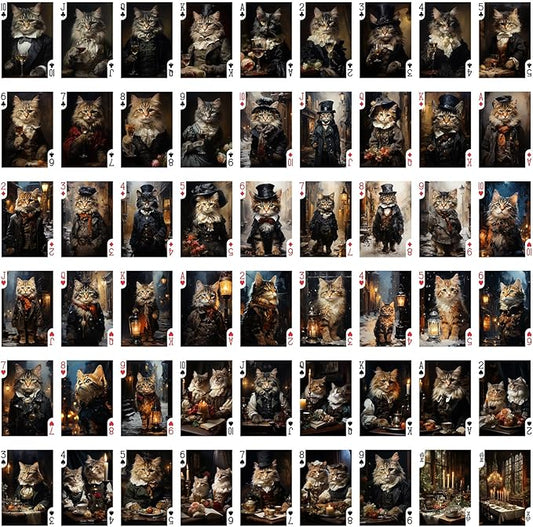 Victorian Cats Playing Cards (Poker Deck 54 Cards All Different) Handsome Cats in Victorian Suits and Top Hats Cute Cats in Vintage Clothing Illustration