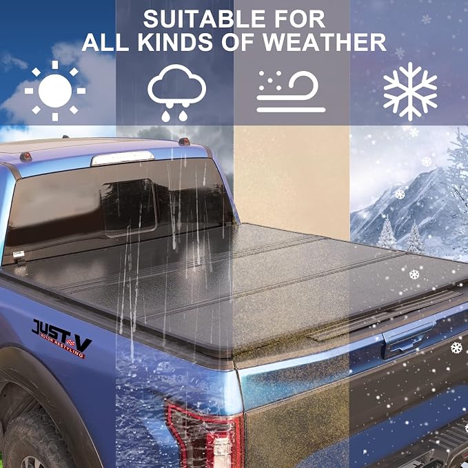 Just-V Hard Tri-Fold Truck Bed Tonneau Cover for Nissan Frontier 2005-2024 Only Fit Crew Cab 5FT Bed, Upgrade Solid FRP Textured Black, Requires Bracket