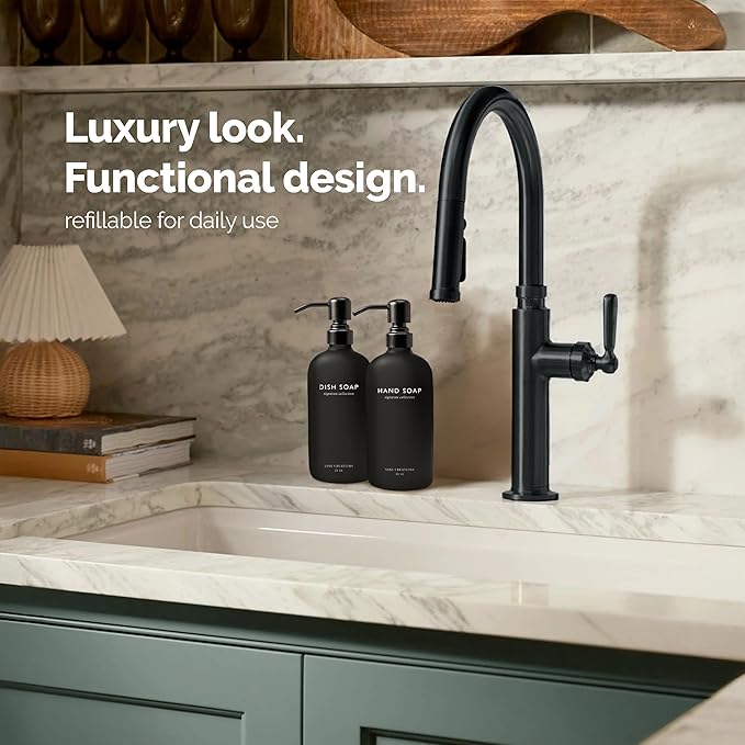 Vine Creations Black Glass Soap Dispenser Set, Dish Soap and Hand Soap