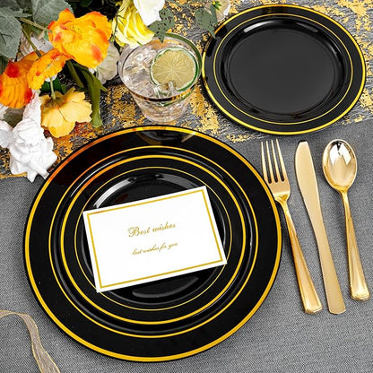 bUCLA 150 Pieces Black and Gold Disposable Dinnerware Set - 25 Guests Black Gold Plastic Plates Include 25 Dinner & 25 Dessert Plates, 25 Spoons, 25 Forks, 25 Knives, 25 Cups for Party & New Year