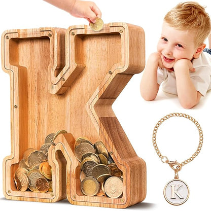 SummiDate Wooden Letter Piggy Bank for Kids| Piggy Bank for Boys Girls Toddler| Alphabet K Money Bank| Wood Coin Bank Personalized Birthday Gift for Kids (K)