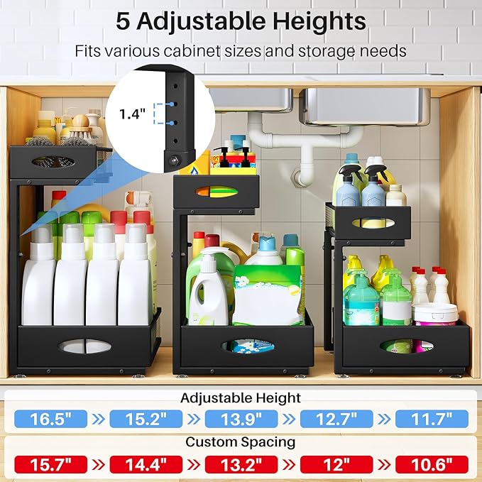 Under Sink Organizer, 2 Pack 2 Tier Pull Out Under Cabinet Organizer Shelf
