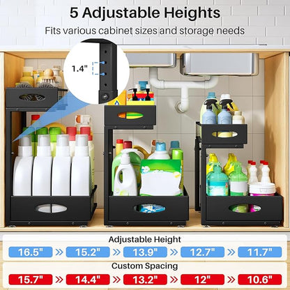 Under Sink Organizer, 2 Pack 2 Tier Pull Out Under Cabinet Organizer Shelf
