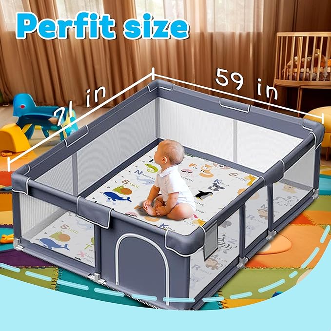 Baby Play Mat，Thick Soft 71" X 59" Playpen mat, Non-Slip and Machine Washable Baby Play Mats for Floor，Crawling Mat for Babies, Toddlers & Infants to Play and Learn (Animal Alphabet-A)