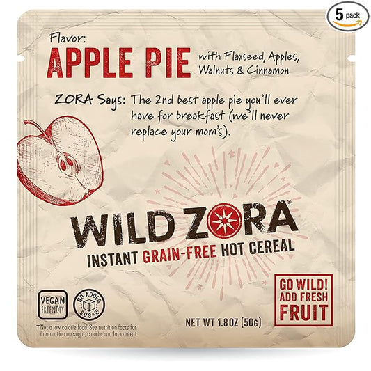 Wild Zora Instant Grain-Free Hot Cereal - Tasty Paleo Friendly Cereals, Instant Hot Meal, Breakfast to Go, Oatmeal Substitute, No Added Sugar, Grain, Dairy, or Soy, Gluten Free, Apple Pie, 5-pack