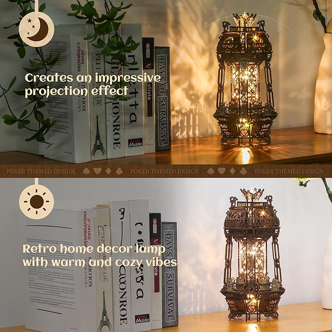 LED 3D Wood Puzzle Poker World Projector Lamp – DIY Craft Kit with LED Lights and Music Box – Creative Poker-Themed Lamp, Nightlight Gift for Home Décor (Black Walnut)