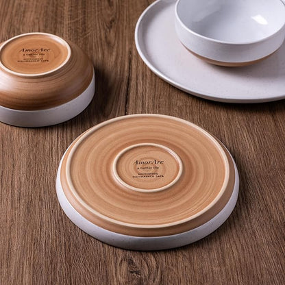 AmorArc Ceramic Dinnerware Sets for 4, 12 Pieces Handpainted Plates and Bowls Set with Rustic Terracotta Underside, Scratch Resistant Stoneware Dishes Set, Dishwasher & Microwave Safe, White