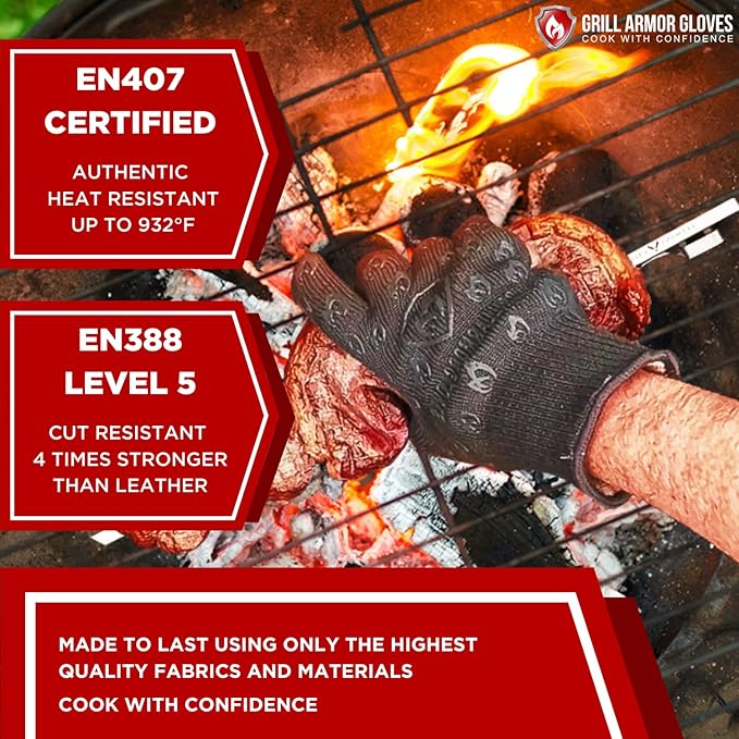 Grill Armor Oven Gloves with Fingers – 932°F Heat, Fire & Cut Resistant Mitts