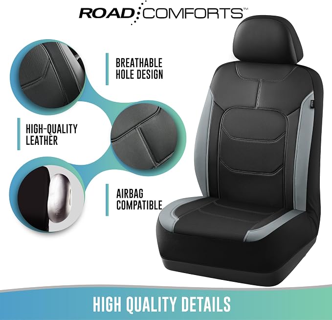 Road Comforts Seat Covers, Premium Leather Car Seat Covers Front Seats,Airbag Compatible, Automotive Seat Covers Universal Fit Most Cars,Vans,Truck,SUV Gray