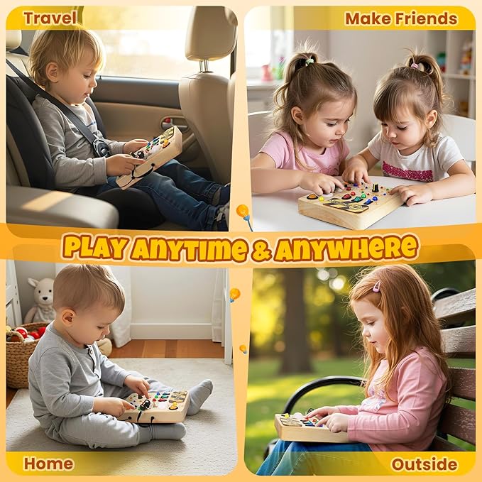 Montessori Busy Board, Wooden Sensory Toy for Toddler with LED Light, Educational Travel Toy, Christmas Birthday Gifts for Toddler