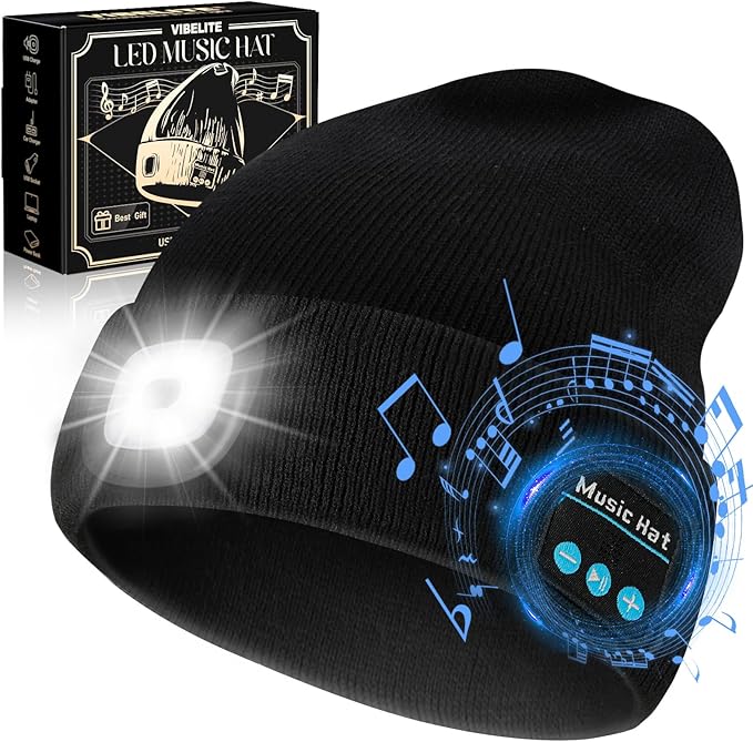 VIBELITE Bluetooth Beanie Hat with Light, USB Rechargeable LED Headlamp with Wireless Headphones, Gifts for Men, Him, Husband, Boyfriend, Dad Gifts for Dad, Husband, Father, Black
