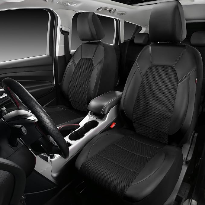 CAR PASS Leather and 3D Air Mesh Universal Fit Car Seat Covers, for Sedans,Trucks,Suvs,Airbag Compatible,Zipper Design and Reserved Opening Holes for Headrest(Full Set, Black and Black)