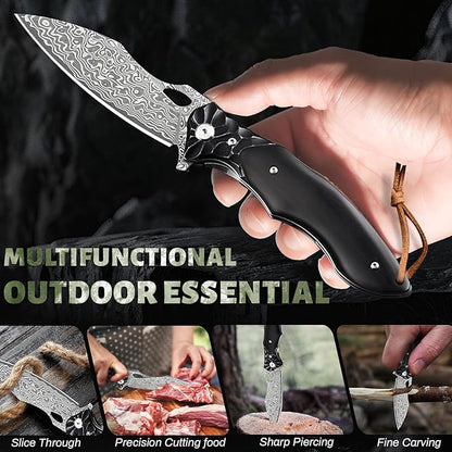 Pocket Knife for Men, Hunting knife with sheath, Damascus Steel Folding knife with Ebony Wood Handle, Survival EDC Knife for Fishing, Meat Cutting, Tactical Knife for Outdoor Camping Hiking