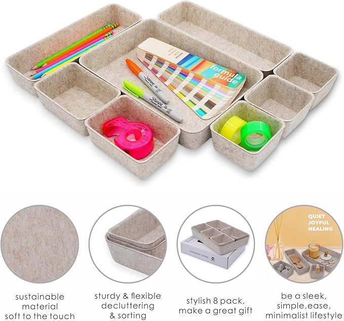 Welaxy Desk Drawer Organizer Tray, 8-Piece Beige Office Storage, Nordic
