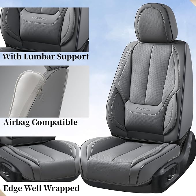 Coverado Car Seat Covers Full Set, Seat Covers for Cars, Gray Car Seat Protector Waterproof, Nappa Leather Car Seat Cushion, Car Seat Covers Front Seats and Back Fit for Most Cars