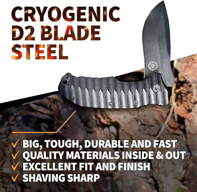 Off-Grid Knives - Rapid Fire Blackout - Large Folding Knife for Camping & EDC, Cryogenic D2 Blade Steel, Titanium Nitride Coating with G10 Scales & Deep Carry Clip