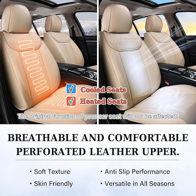 Coverado Seat Covers, Car Seat Covers Front Seats, Beige Nappa Leather Car Seat Covers, 2 Pack Waterproof Front Seat Covers, Breathable Leather Seat Cushion Universal Fit Most Cars Trucks