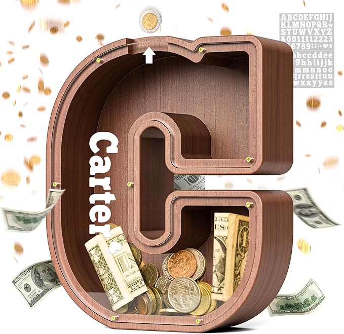 Summidate Wooden Letter Piggy Bank, Extra Thick Large Capacity Piggy Bank for Kids Boys Girls Toddler, Alphabet C Money Bank| Coin Box Birthday, Christmas, Festival
