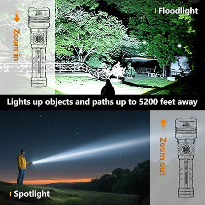 SKYFIRE Rechargeable Flashlights High Lumens: LED Super Bright Flashlight Zoomable with 5 Modes IPX6 Waterproof Handheld Powerful Flash Light for Camping,Emergenciesr,Home&Gifts（with Ignition Lens）