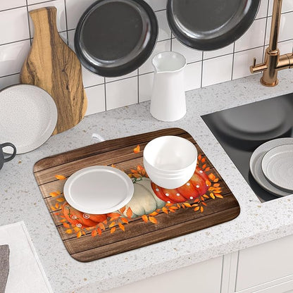 Autumn Pumpkin Dish Drying Mat Rustic Wood Dish Drainer Mats Fast Dry