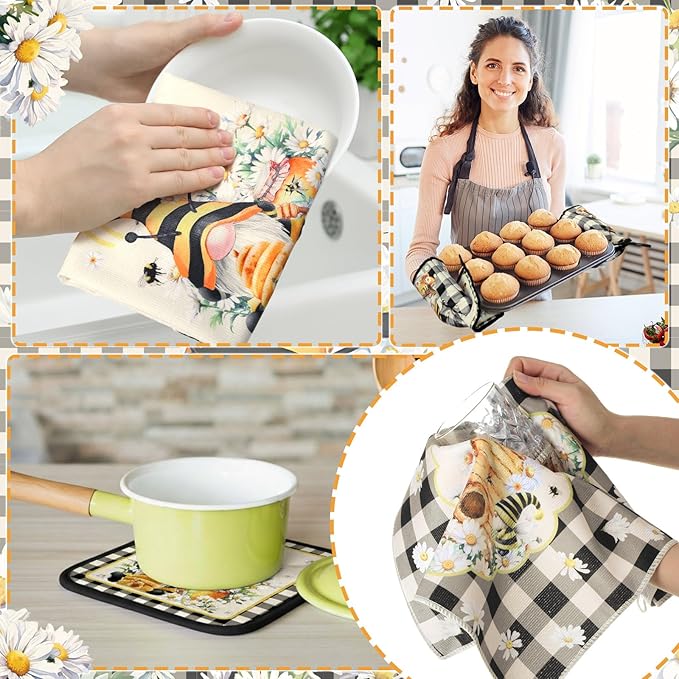 Fourluoo 10 Pcs Bee Kitchen Decor Set 4 Kitchen Towels 2 Pot Holders 2 Oven