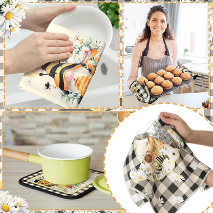 Fourluoo 10 Pcs Bee Kitchen Decor Set 4 Kitchen Towels 2 Pot Holders 2 Oven