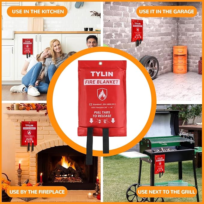 TYLIN Emergency Fire Blanket for Home & Kitchen 40??x 40??- 4 Pack, High Heat Resistant Fire Suppression Blankets for Home Safety, Kitchen, and Camping (4)