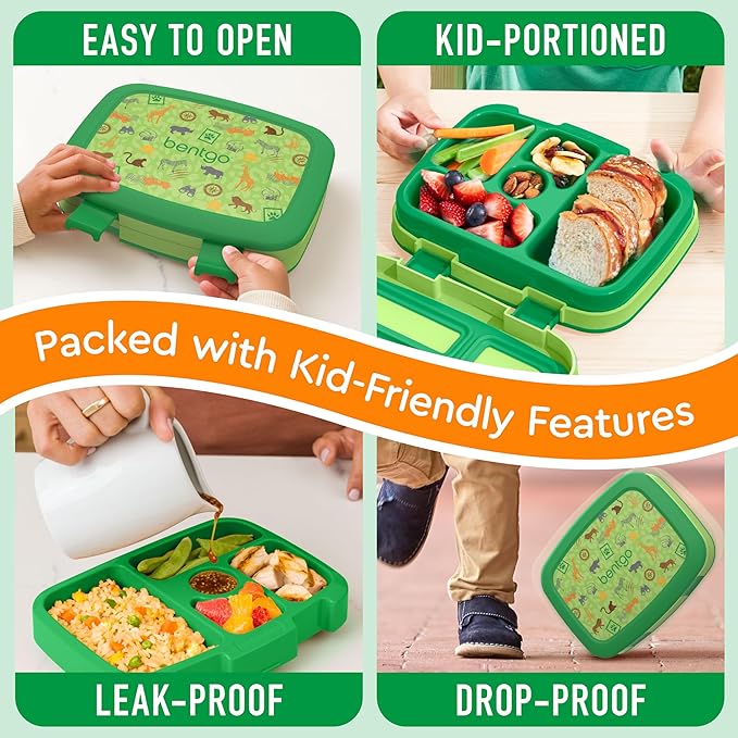 Bentgo Kids Prints Leak-Proof, 5-Compartment Bento-Style Kids Lunch Box - Ideal Portion Sizes for Ages 3-7, Durable, Drop-Proof, Dishwasher Safe, & PFAS & BPA-Free Materials (Safari)