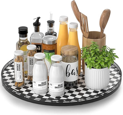 18" Black and White Kitchen Lazy Susan Turntable, Round Checkered Decorative