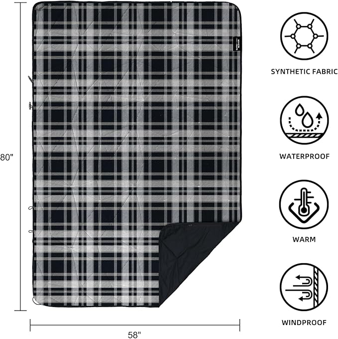 Outdoor Waterproof Blanket, Foldable Fleece Stadium Blanket for Outdoor Sports Event, Camping, Concerts, Car, Pet, Picnics - Windproof, Wearable, Machine Washable 80" x 58" (Black Check)