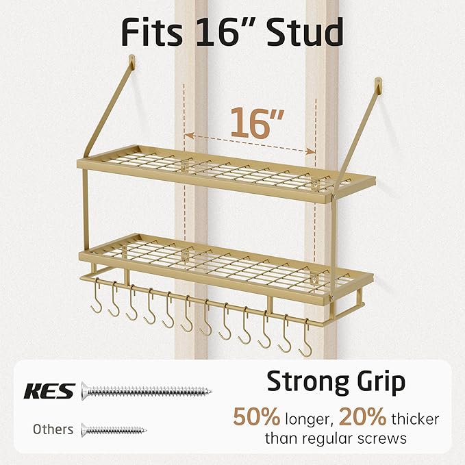 KES 30-Inch Gold Pot Rack Wall Mounted, 2-Tier Hanging Pot and Pan Organizer