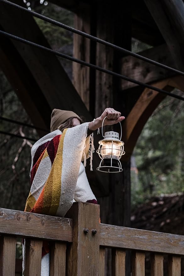 Barebones Railroad Lantern ??Vintage White, Vintage-Inspired LED Camping Lantern with Rechargeable Battery ??Adjustable Brightness Outdoor Light for Camping Gear, Backyard, and Home Decor