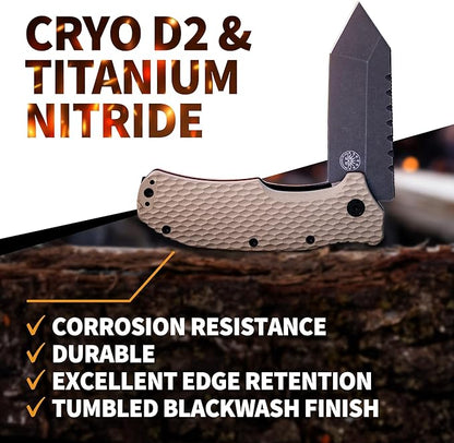 Off-Grid Knives - Rapid Fire Viper, Assisted Tanto Blade, Hard Use Build, Tactical, Camping & Survival EDC, Cryo D2 Steel, Graywash, Coyote G10 Scales, Deep Pocket Carry (Coyote)