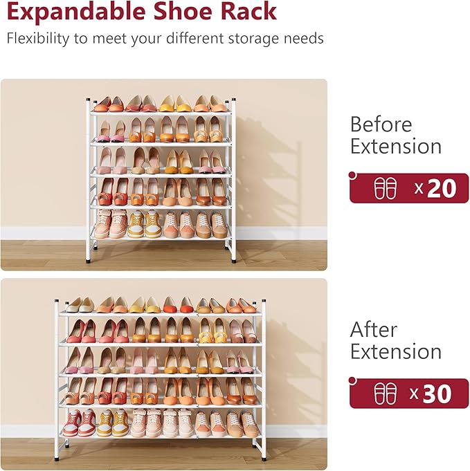 Tajsoon Expandable Shoe Rack for Closet 5 Tier, 29“-41“Adjustable & Stackable