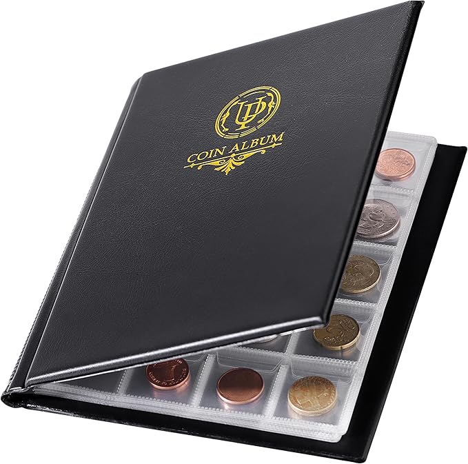 200 Pockets Coin Album - Coin Collecting Book with 10 Pages, 33x33 mm Grid Holder for Pounds Pence Cents Dollars Nickel (Black) CS48200BK
