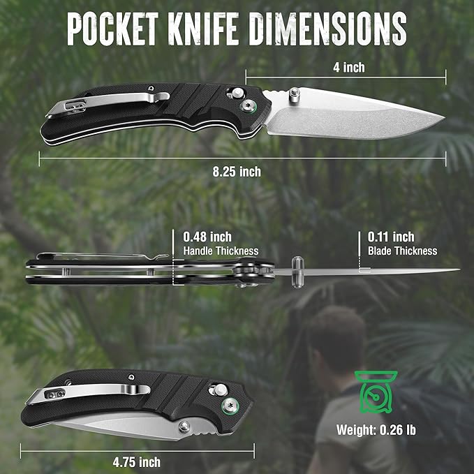Mossy Oak Folding Pocket Knife, 4" Stonewash Stainless Steel Blade EDC Knife, G10 Handle with Axis Lock & Pocket Clip, Small Tactical Survival Knife for Hiking, Hunting, Outdoor Gifts for Men & Women